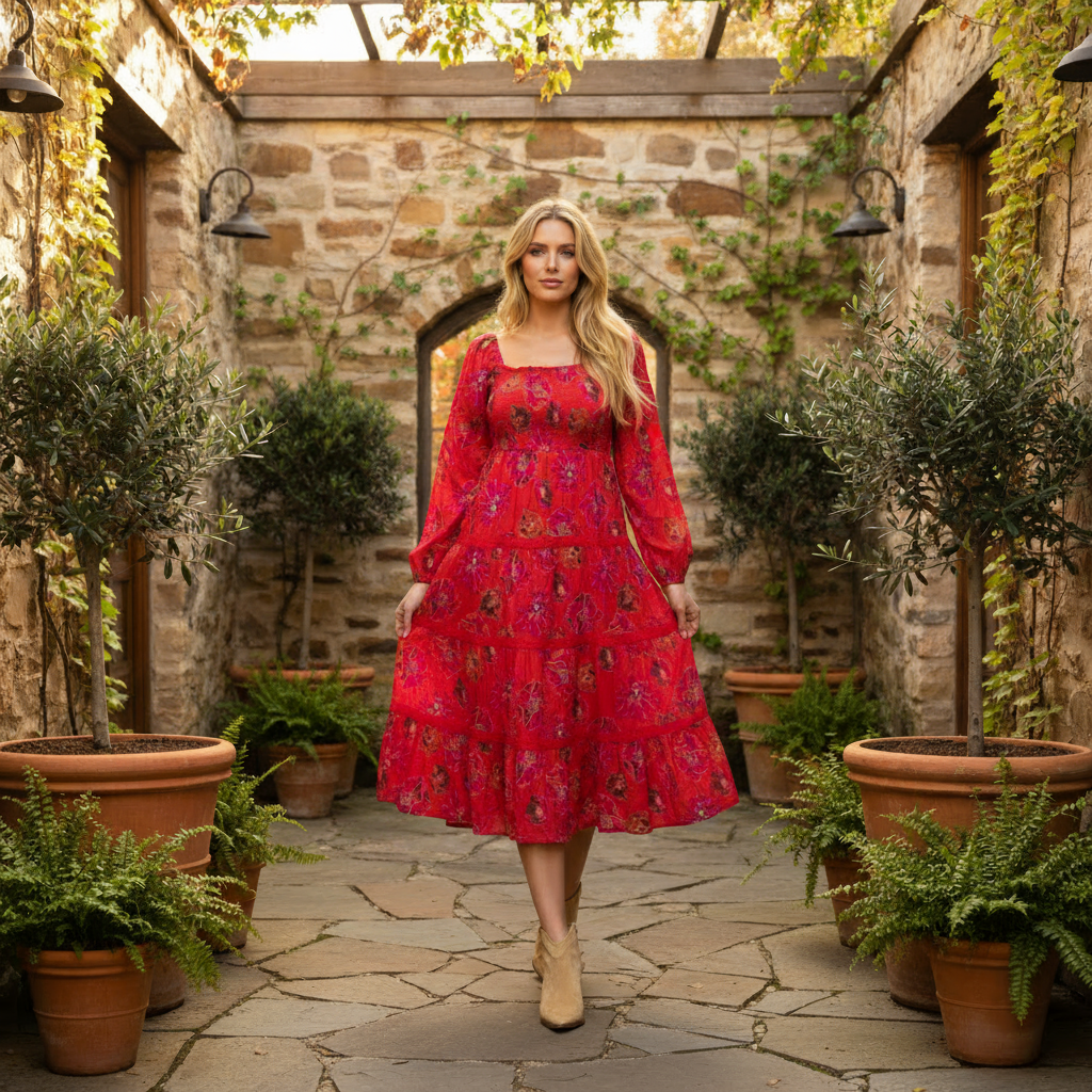 fall dress sale Red Eyelet Cinched Waist Midi Dress main image 1