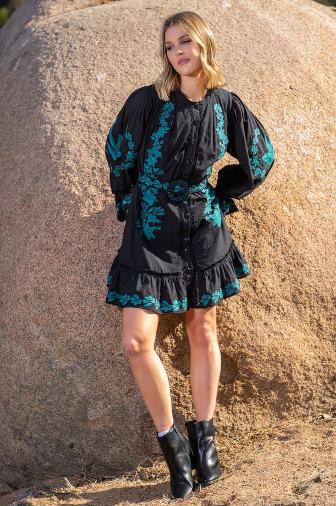 Holiday turq embroidery on black dress 