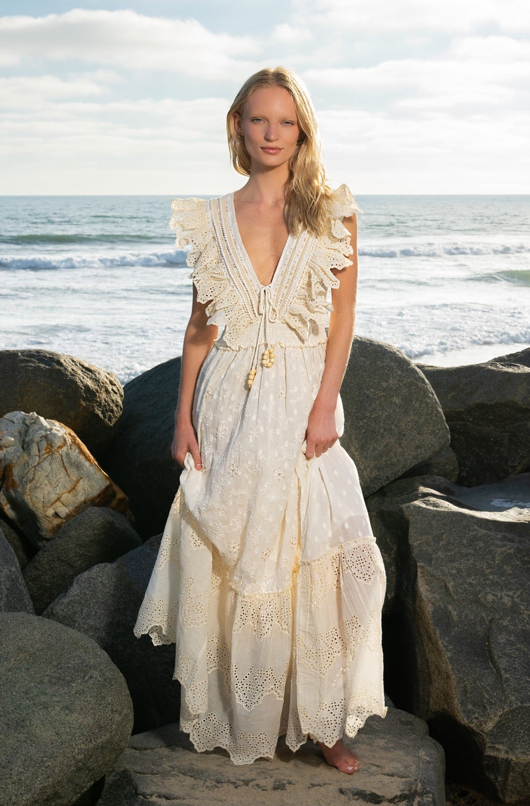 maxi pearl dress Pearl Embellished Crochet Maxi Dress - Natural